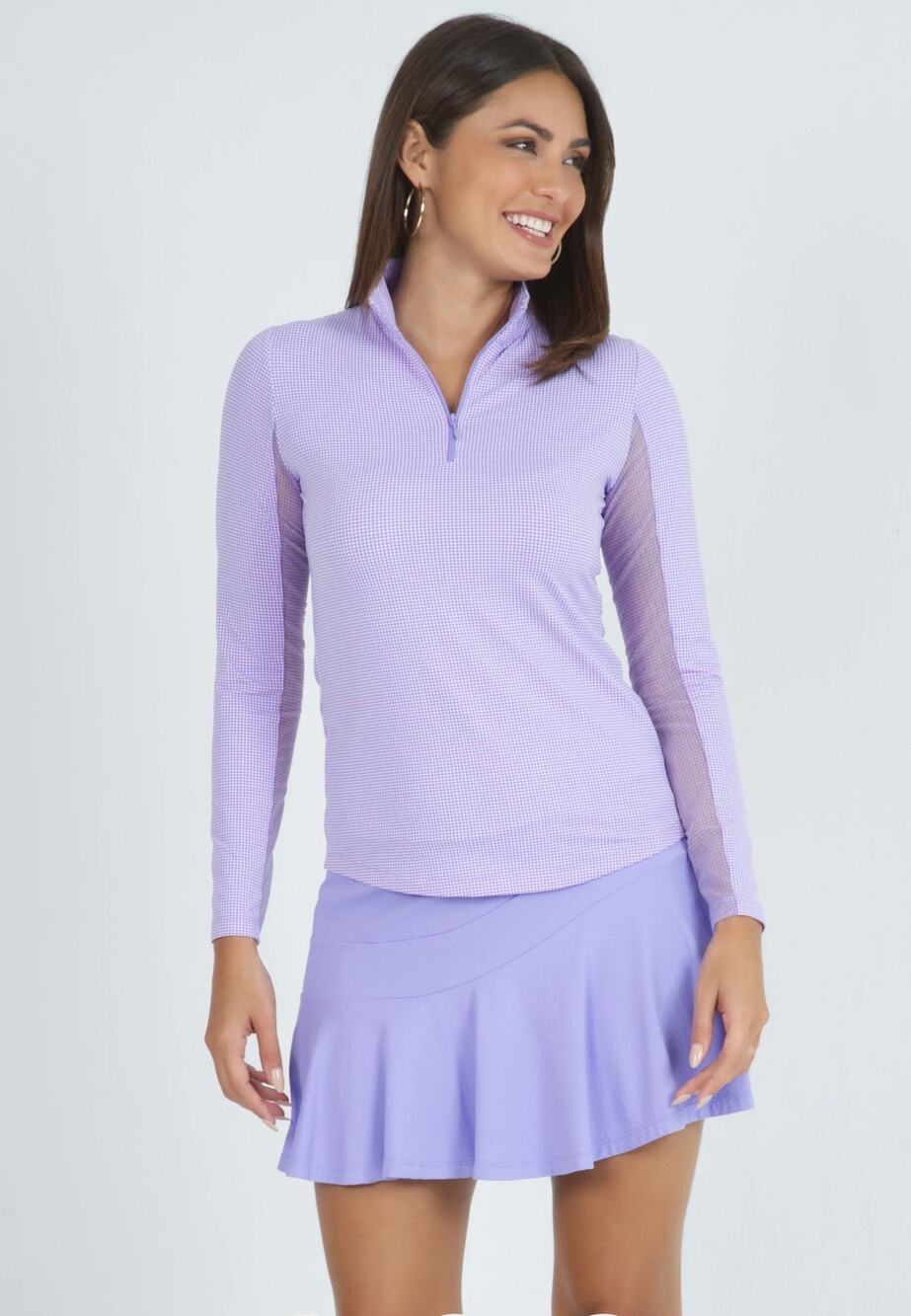 IBKUL Essential Mini Gingham Check Long Sleeve 1/4 Zip Women's Medium Purple